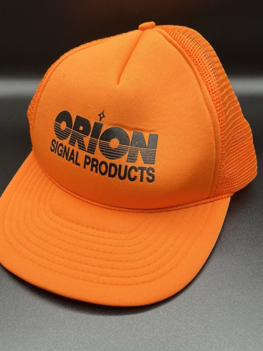 Vintage 80s Orion Blaze Orange Mesh Trucker Hat Rope Snapback Cap Safety Retro